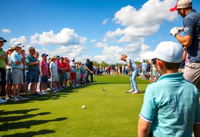 Golfers competing during the state championship with spectators cheering.