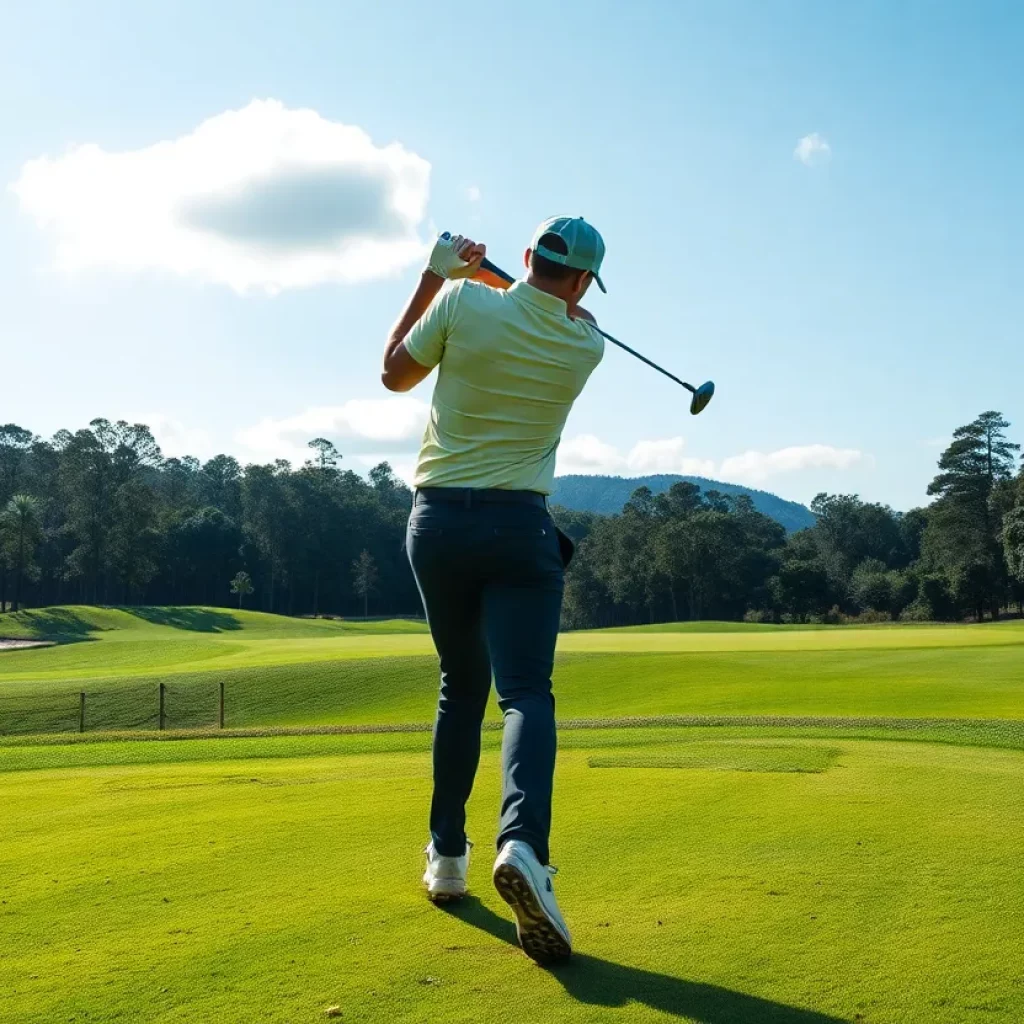 A golfer practicing swings on a sunny day at a golf course.