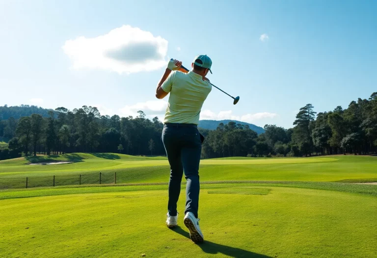 A golfer practicing swings on a sunny day at a golf course.