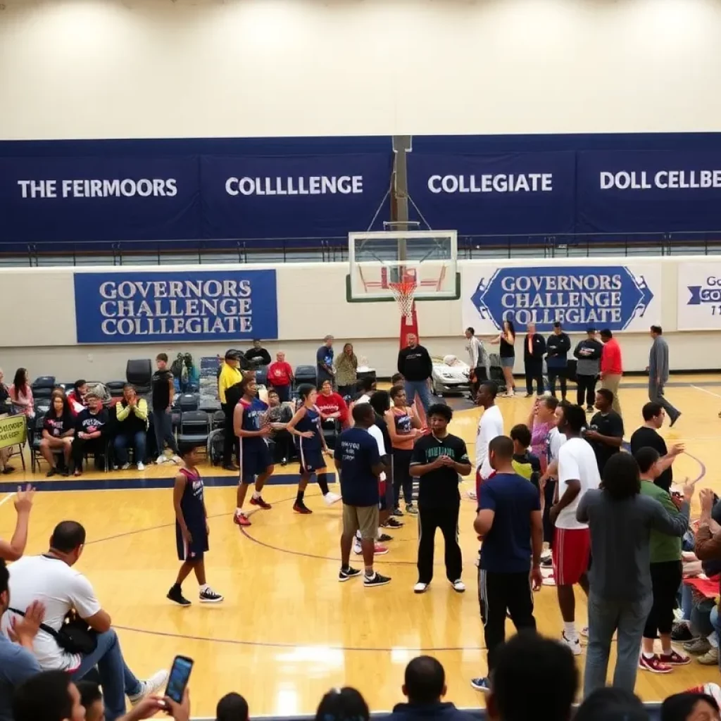Teams warming up for the Governors Challenge Collegiate basketball tournament