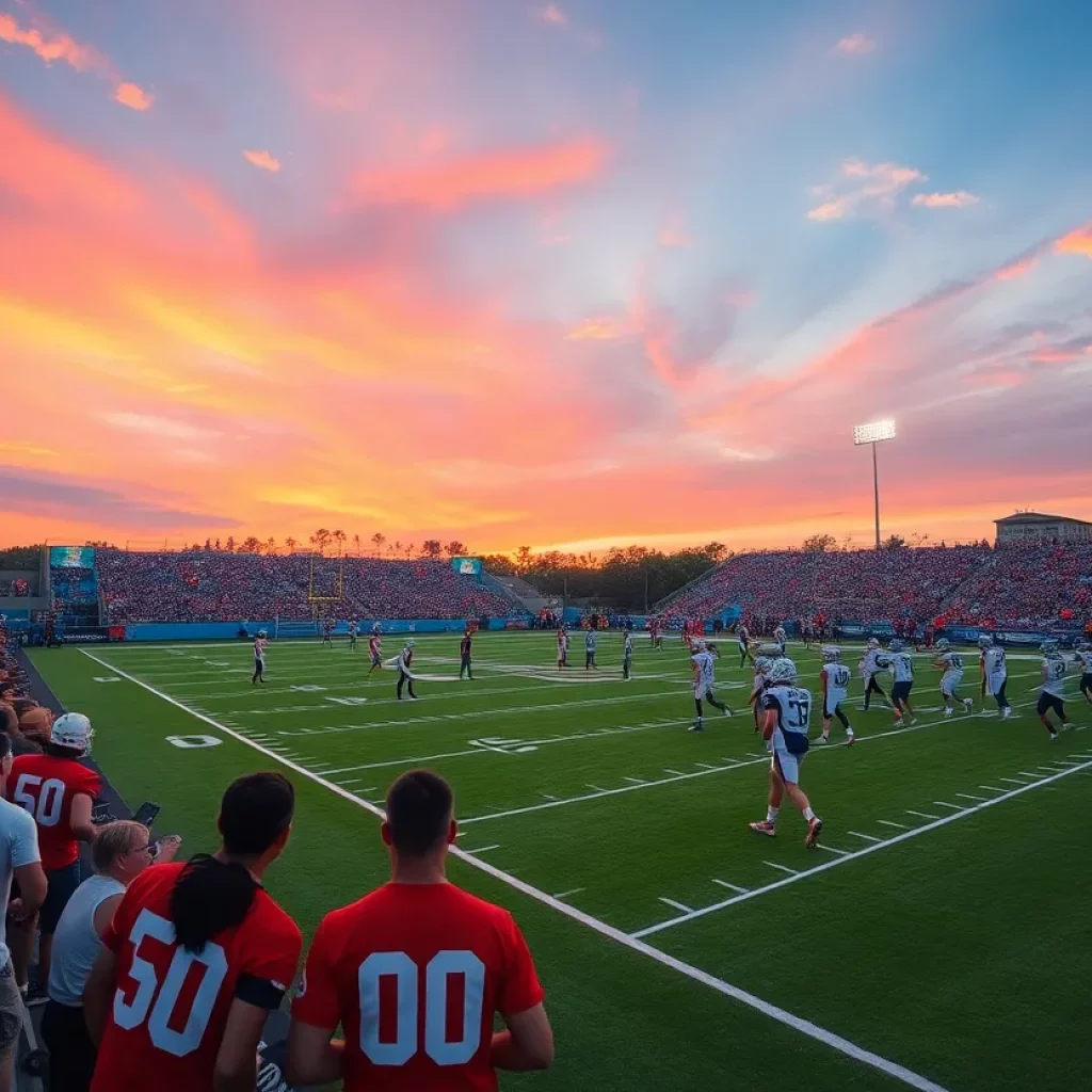 Football players practicing on the field at Greater New Bedford Voc-Tech
