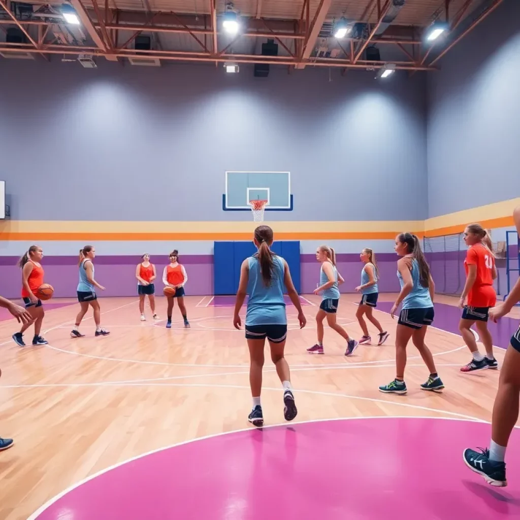 Girls basketball team practicing on the court at Green High School