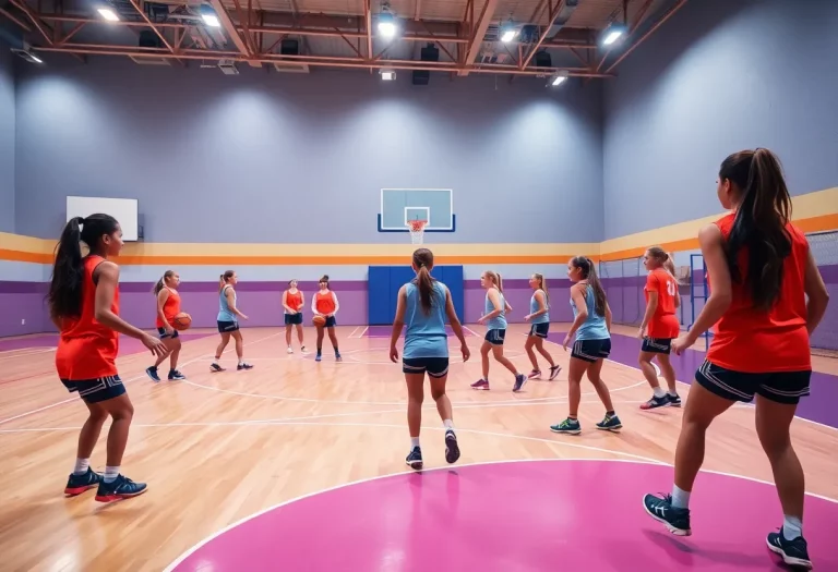 Girls basketball team practicing on the court at Green High School