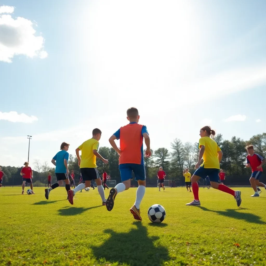 Young athletes practicing soccer at a field in Greensboro
