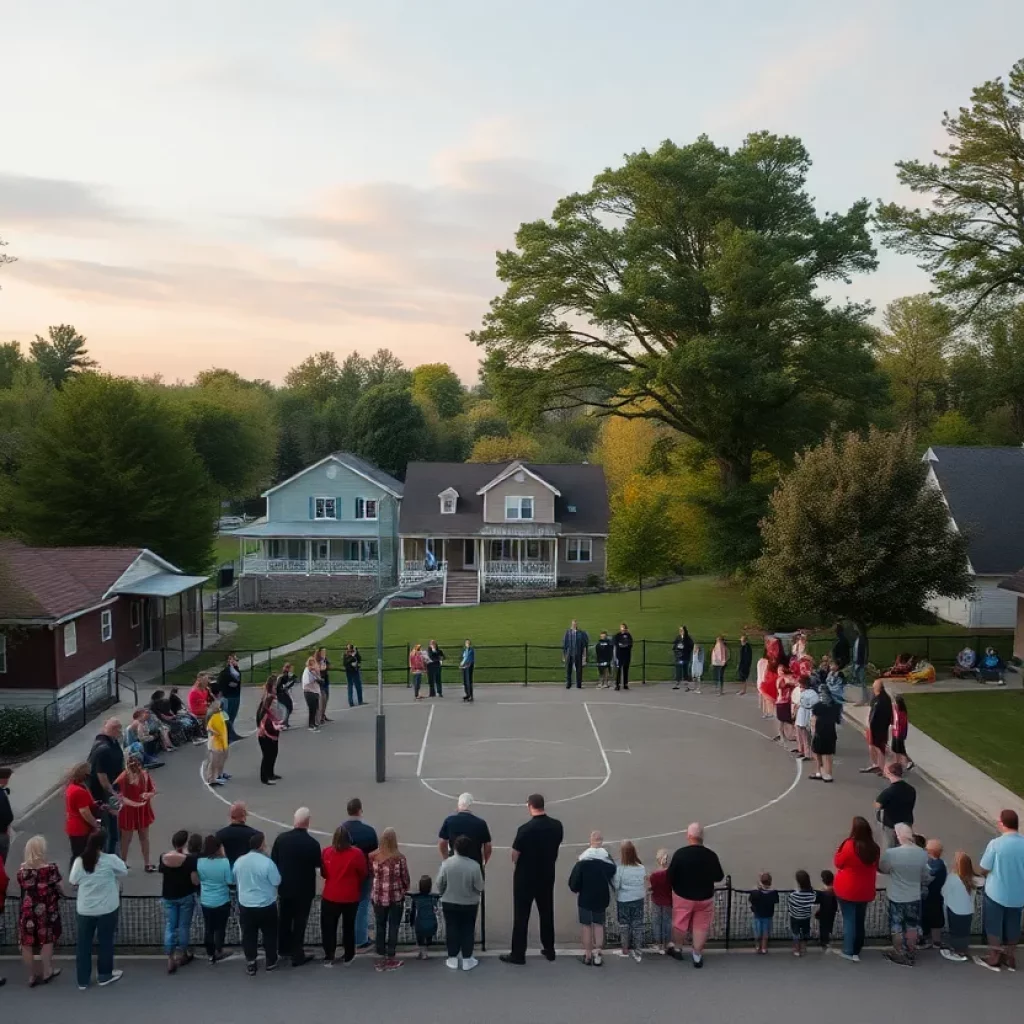 Community members gather at a basketball court in mourning.
