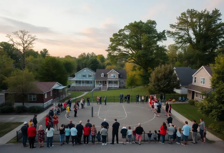 Community members gather at a basketball court in mourning.
