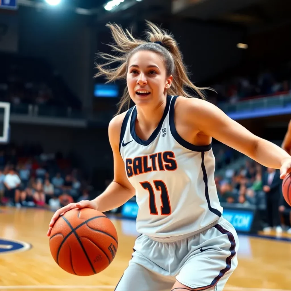 Basketball player dribbling on the court during a game