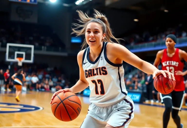 Basketball player dribbling on the court during a game