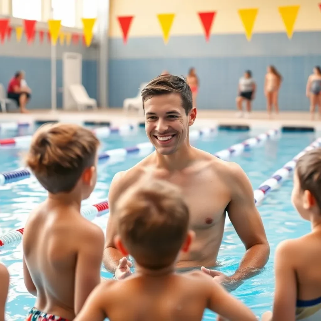 Young swimming coach teaching children by the pool