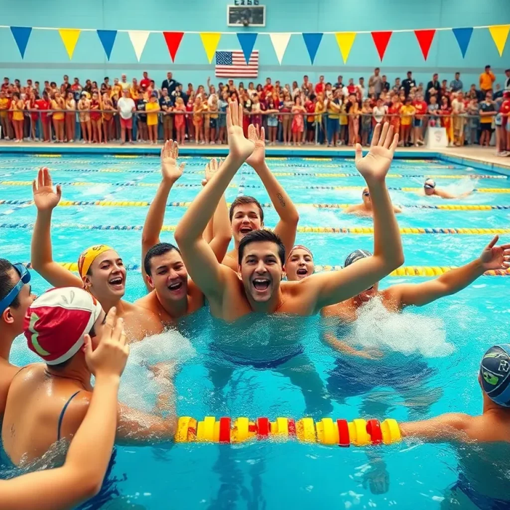 Hatboro swimming team celebrating their victory at a championship event.