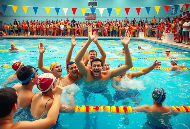 Hatboro swimming team celebrating their victory at a championship event.