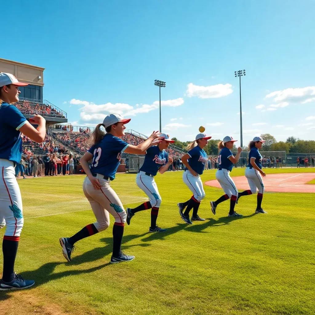 Henderson County high school softball team practicing with crowd support.