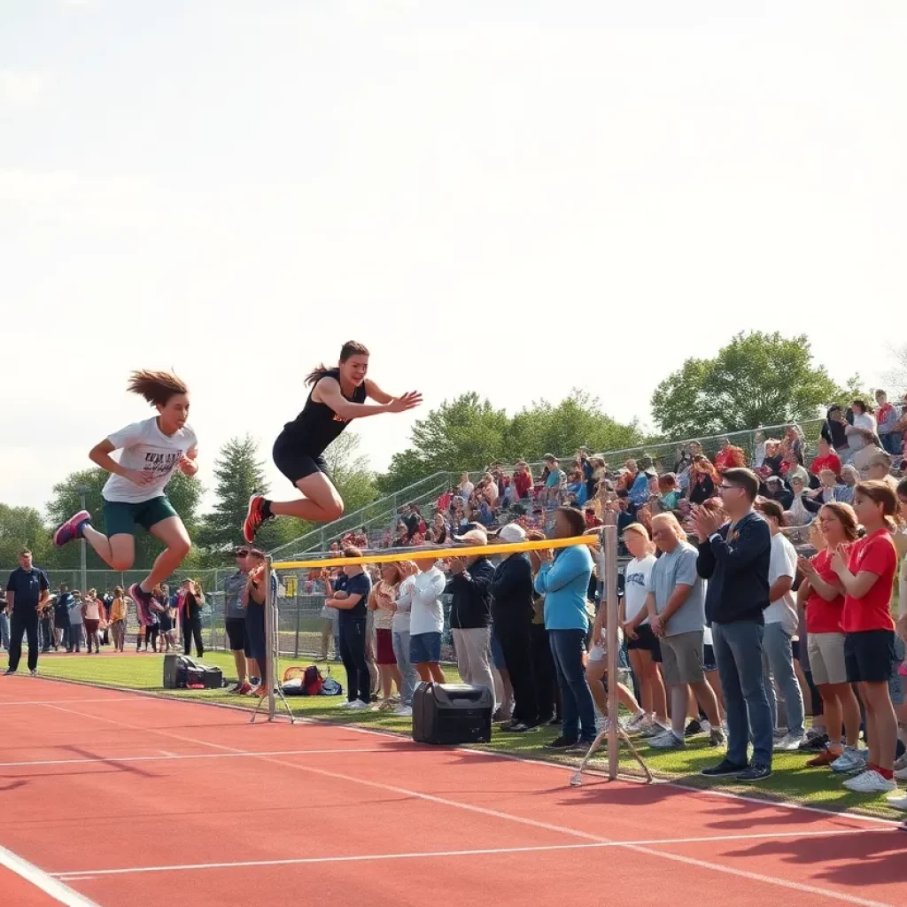 Athletes competing in a high jump championship outdoors