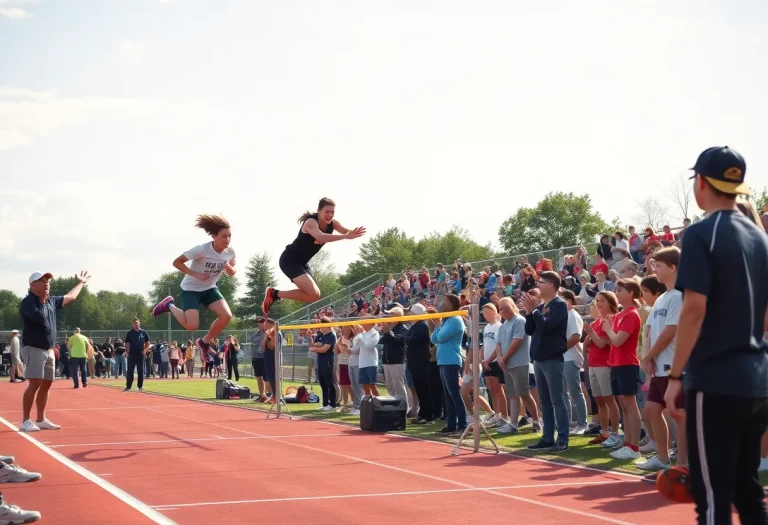 Athletes competing in a high jump championship outdoors