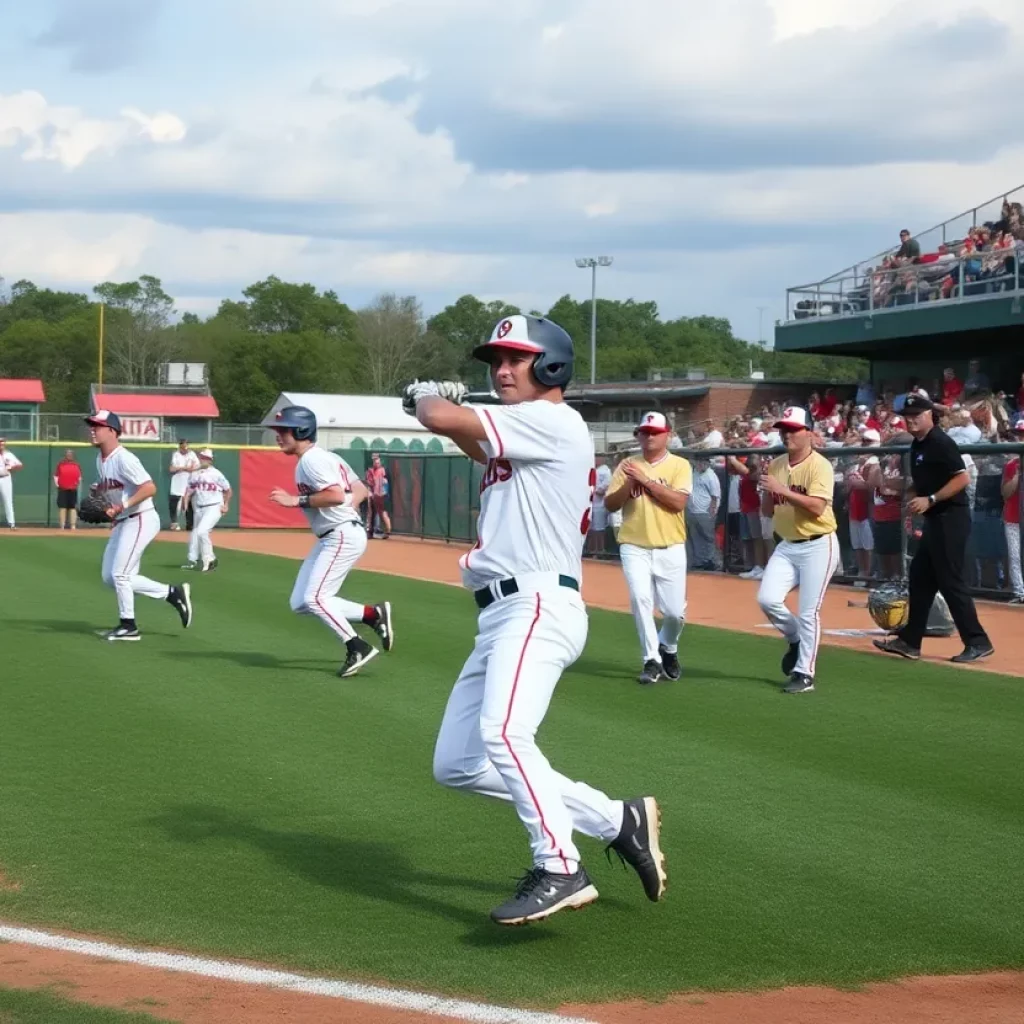 High school baseball players in action with cheering crowd