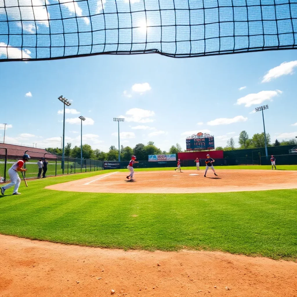 High school baseball players practicing on the field.