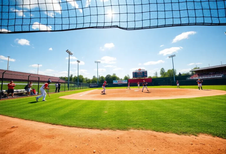 High school baseball players practicing on the field.