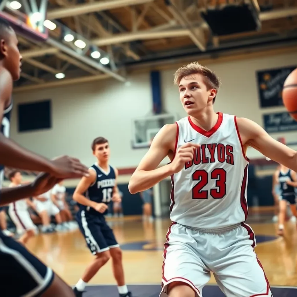 Players competing in a fast-paced high school basketball game with a shot clock visible in the background.