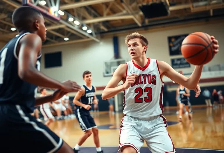 Players competing in a fast-paced high school basketball game with a shot clock visible in the background.