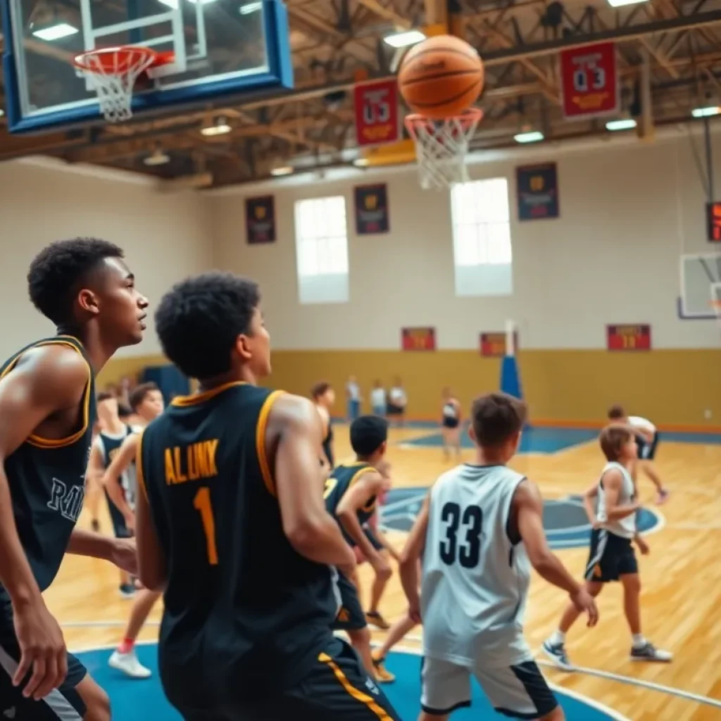 Young athletes showcasing skills at high school basketball all-star game