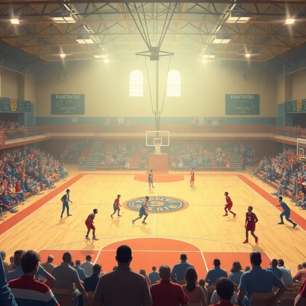Vintage high school basketball gym with players