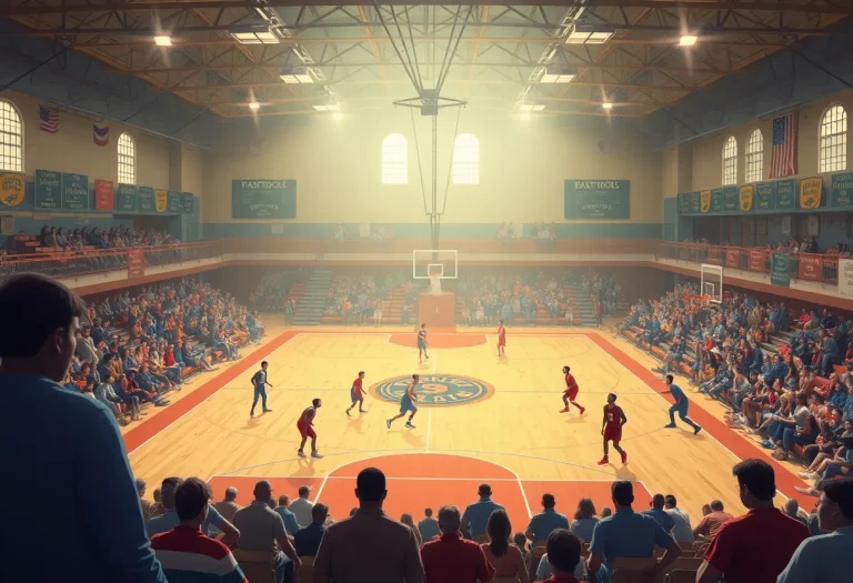 Vintage high school basketball gym with players