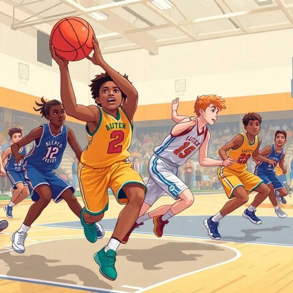 Action shot from a high school basketball game with players competing.