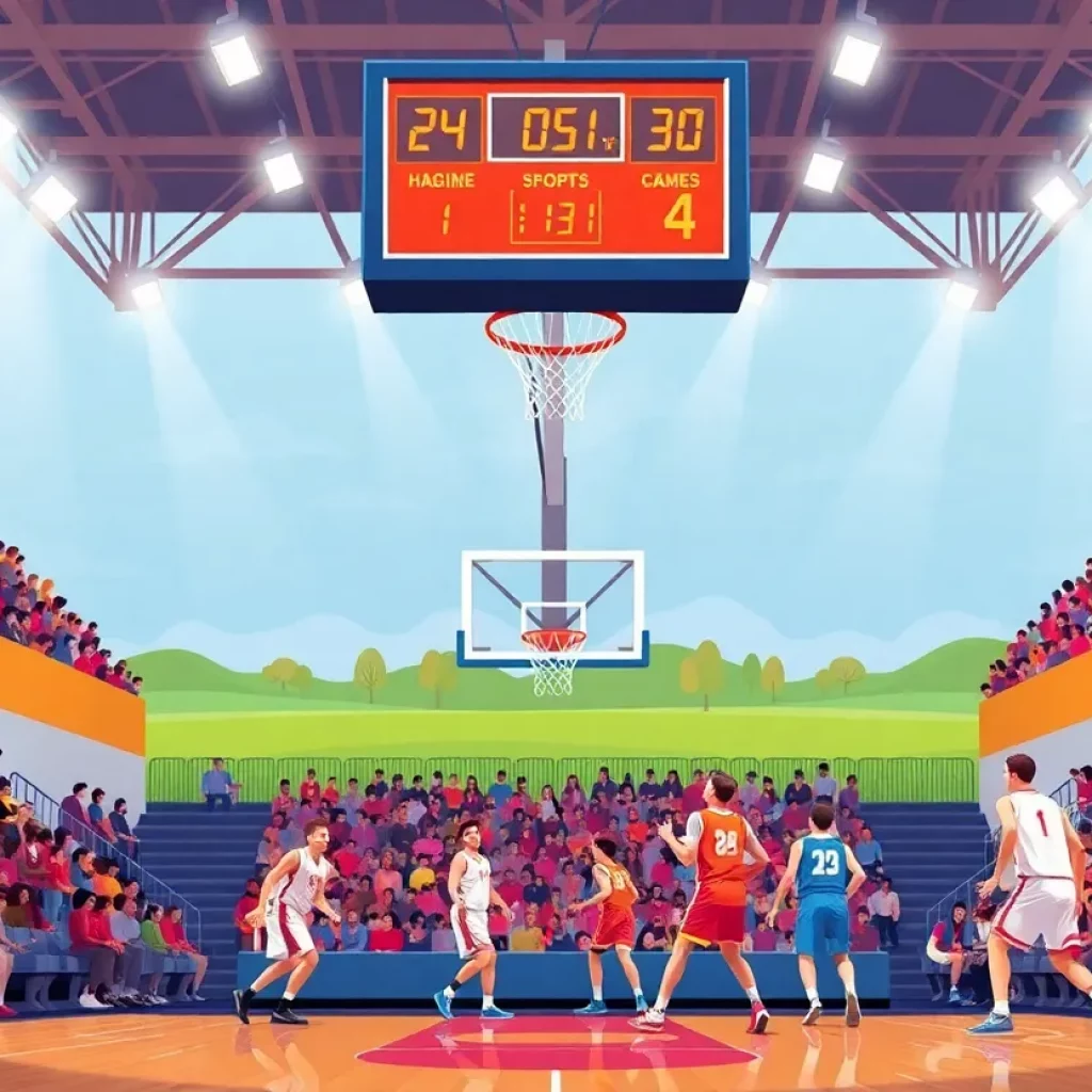 High school basketball game showcasing players in action with a visible shot clock.