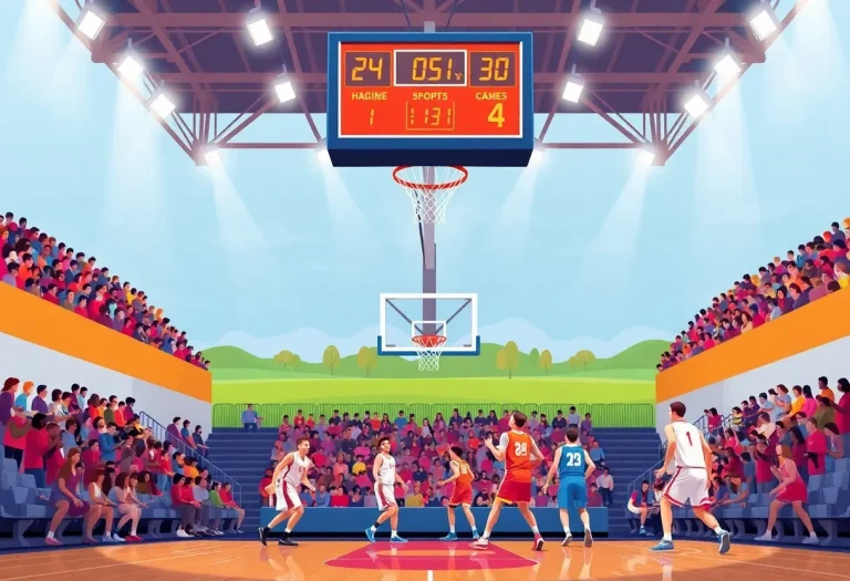 High school basketball game showcasing players in action with a visible shot clock.