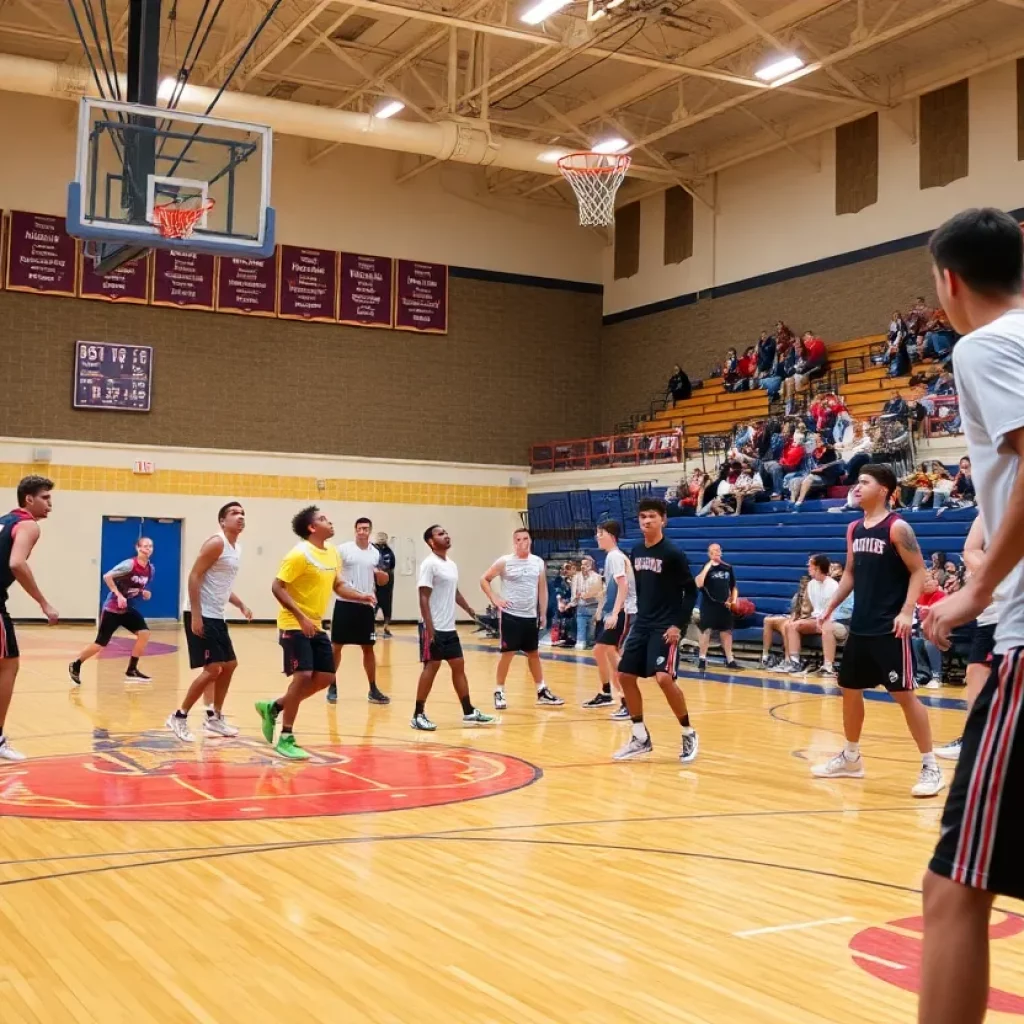 High school basketball team training in a gym.