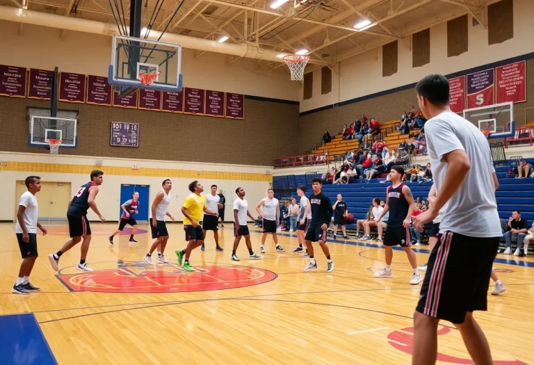 High school basketball team training in a gym.