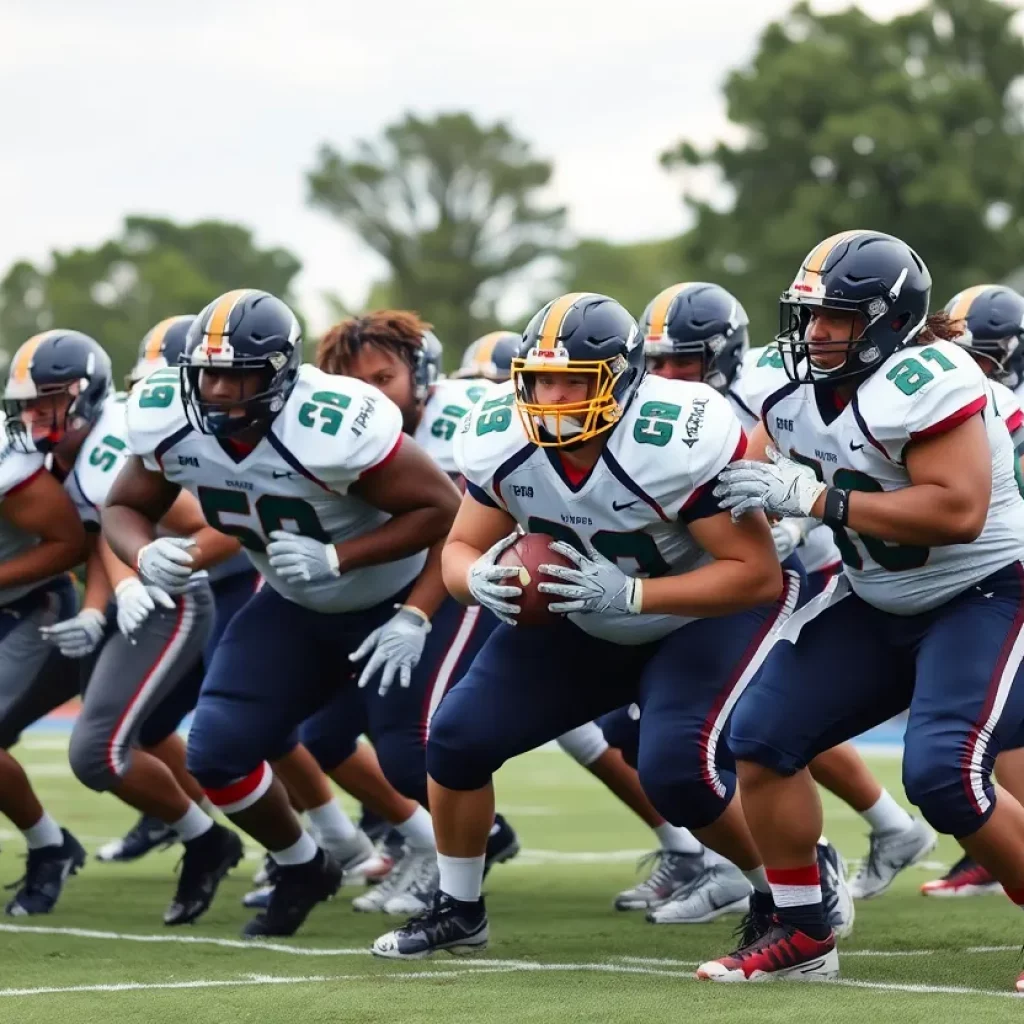 Defensive linemen from a high school football team displaying skills in a game.