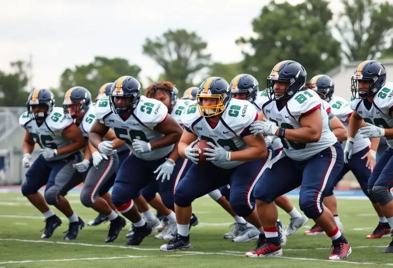 Defensive linemen from a high school football team displaying skills in a game.