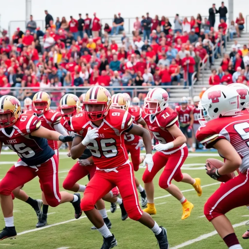 High school football players competing during a game.