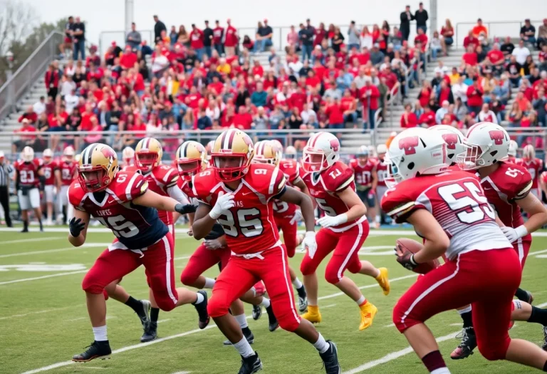 High school football players competing during a game.