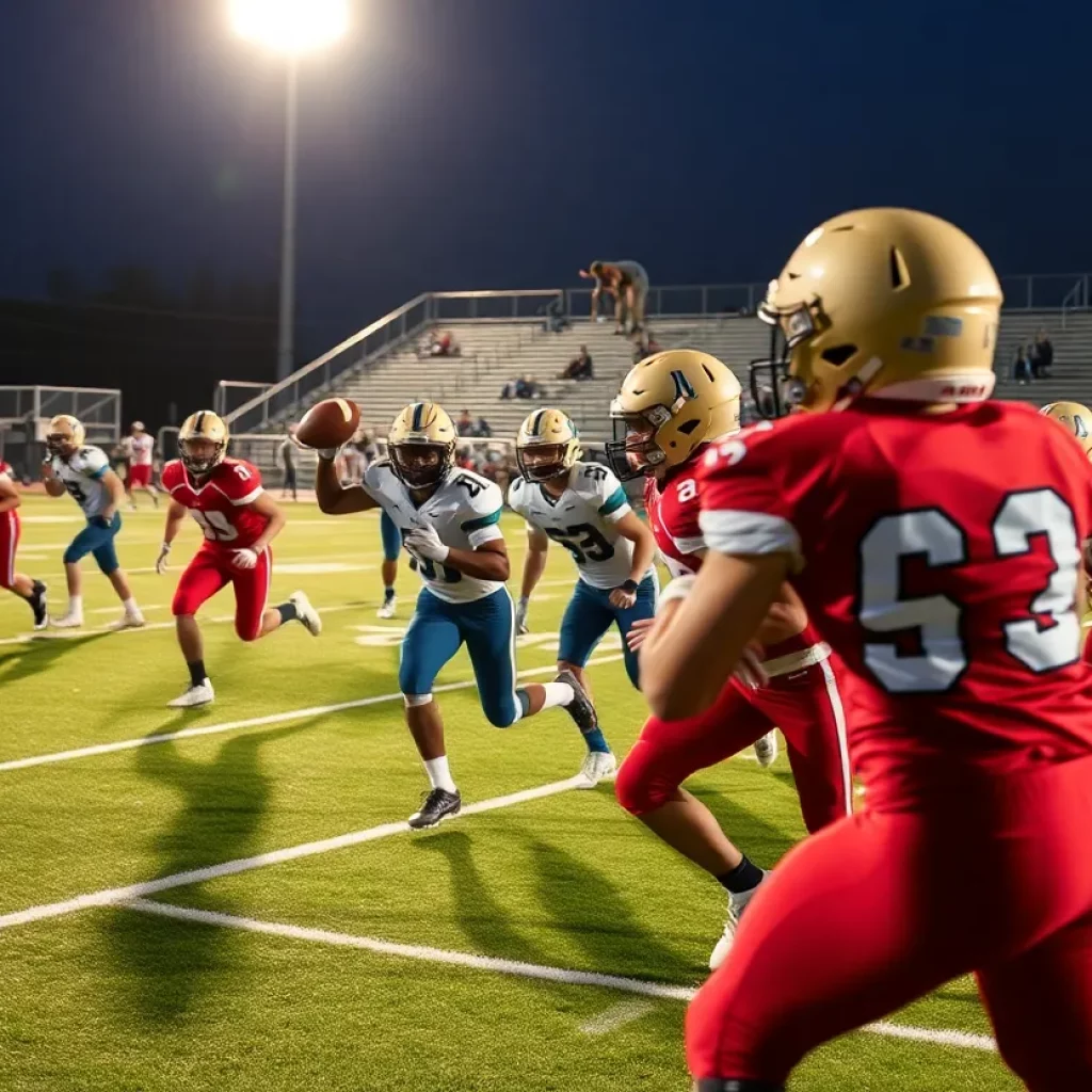 Players in action during a high school football game, showcasing athletic skills.