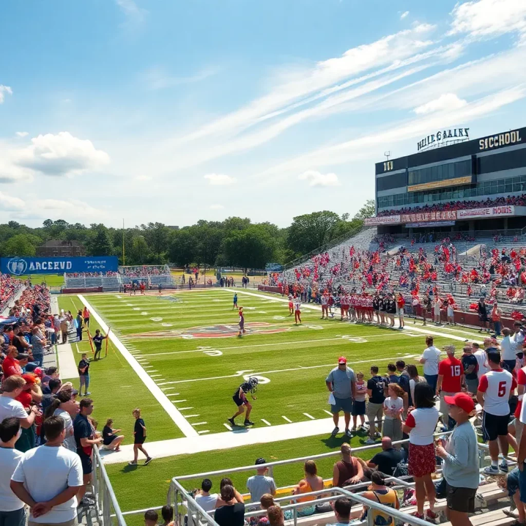High school football players and enthusiastic fans during a game.