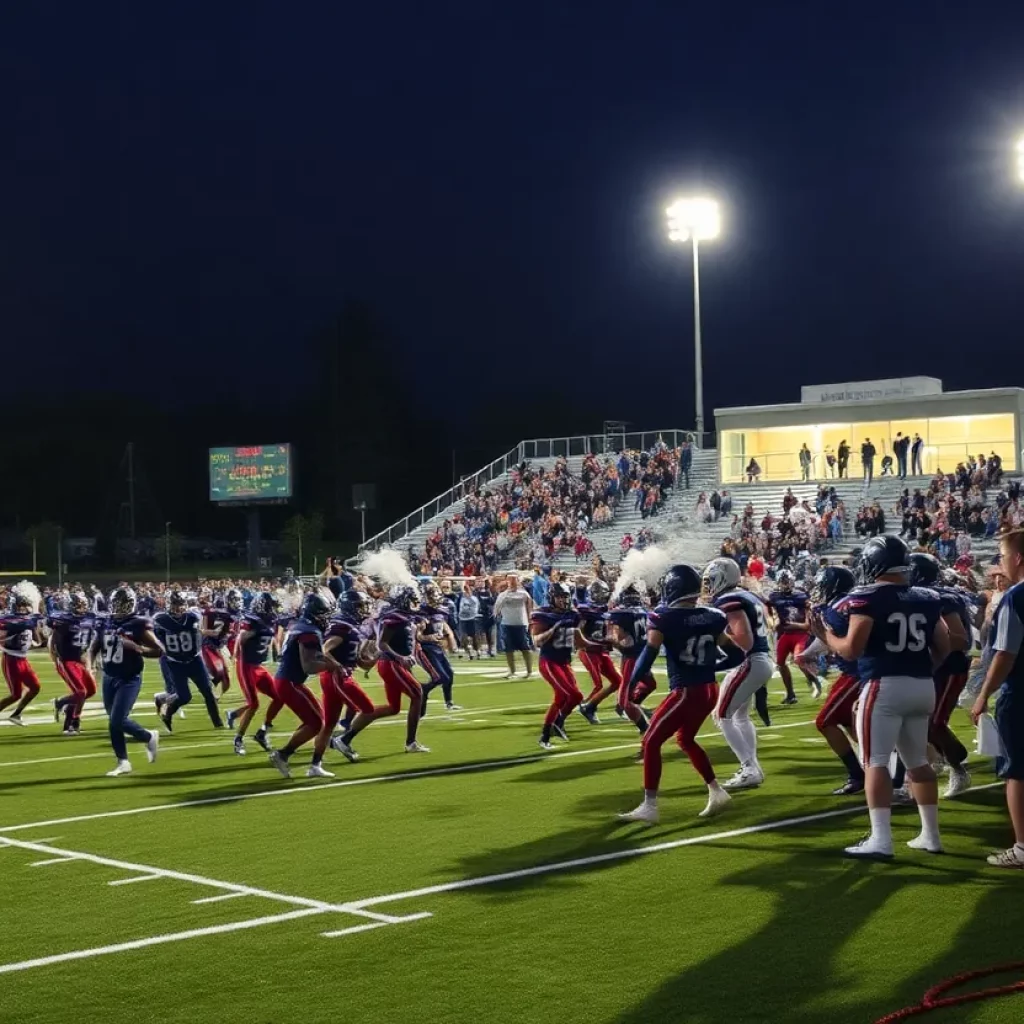 Players on the field during a high school football game under the lights