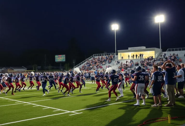 Players on the field during a high school football game under the lights
