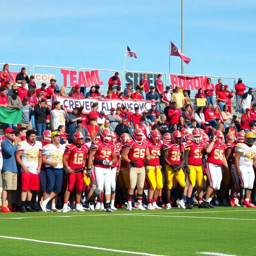 A high school football game with players and fans in the stands
