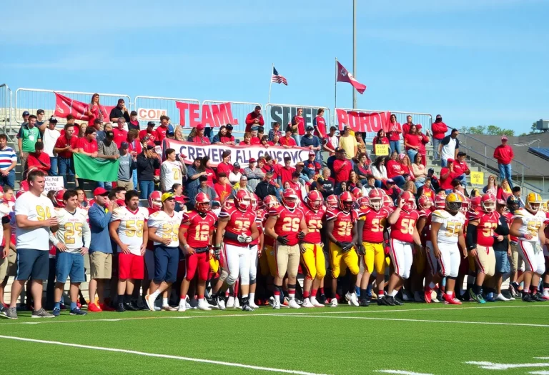 A high school football game with players and fans in the stands