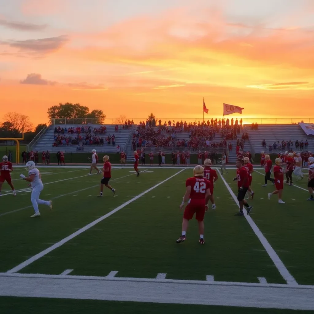 Youth football players practicing on a field at sunset