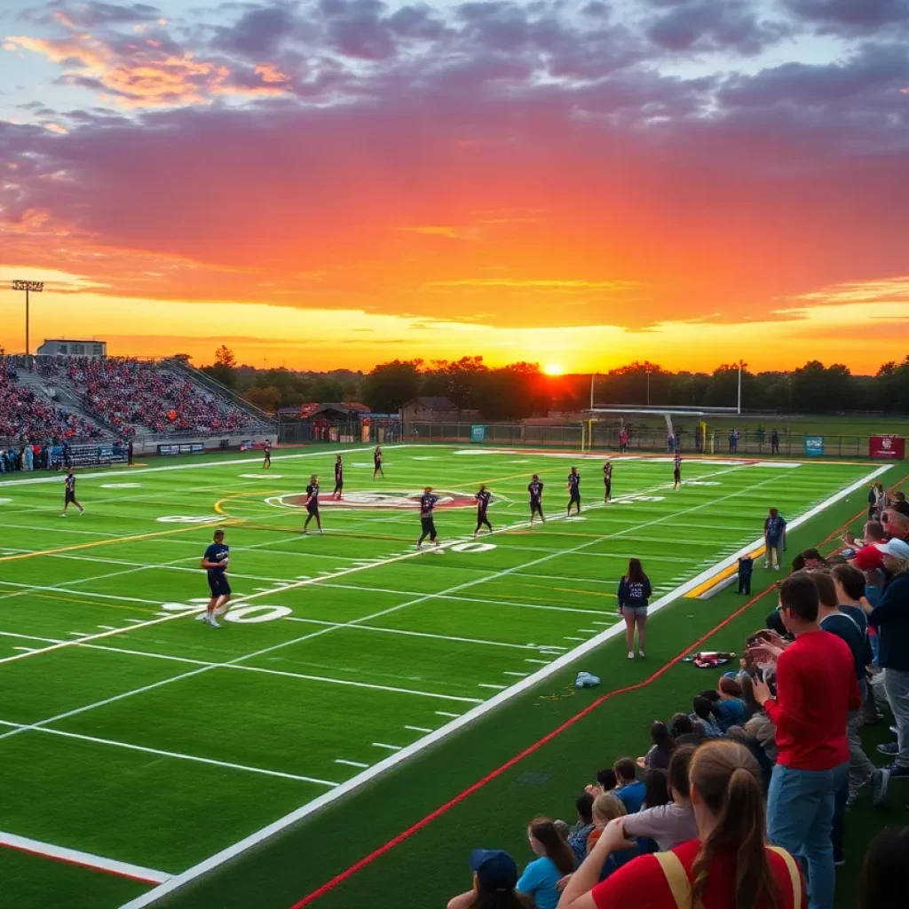Excited fans and players on a high school football field during a sunset.