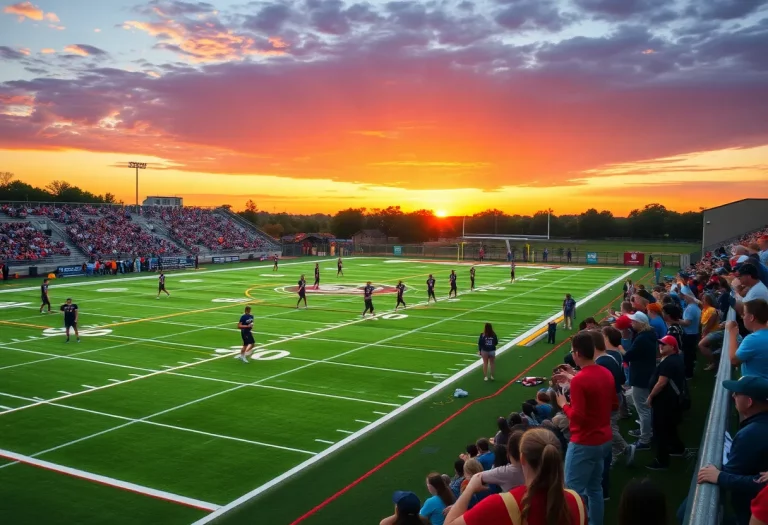 Excited fans and players on a high school football field during a sunset.
