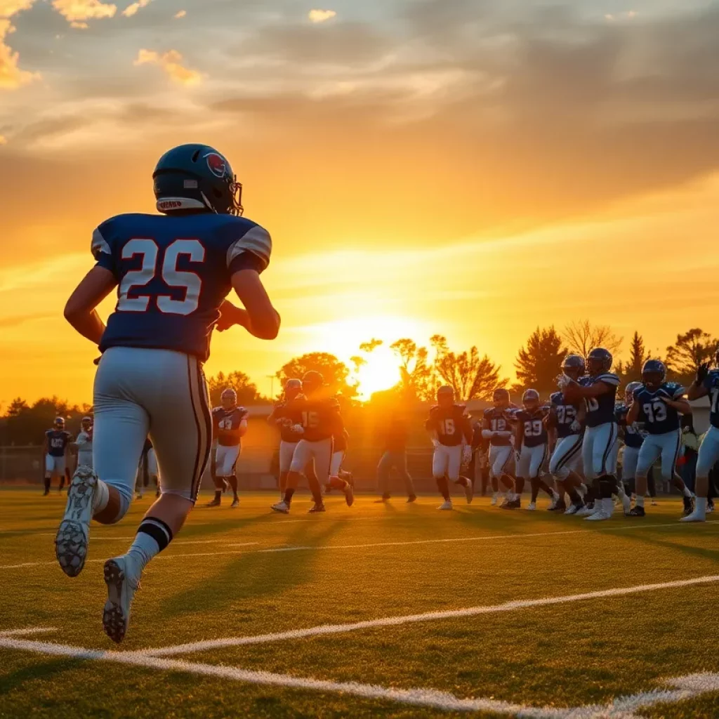 High school football players in action on a field during sunset.