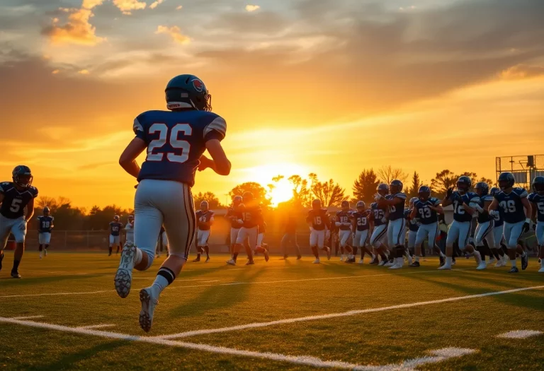 High school football players in action on a field during sunset.