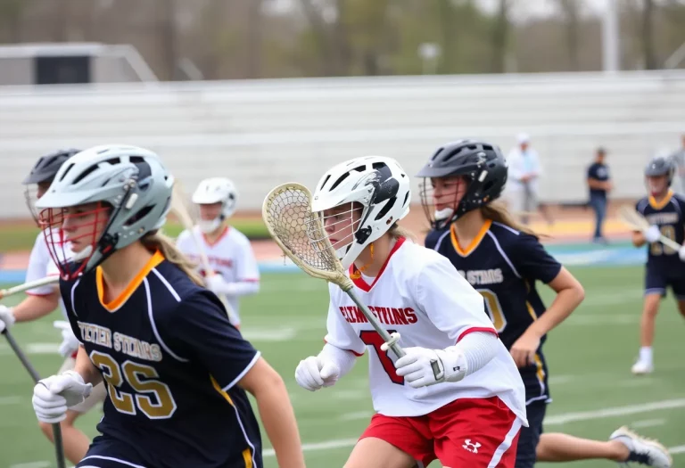 Players competing in a high school lacrosse game