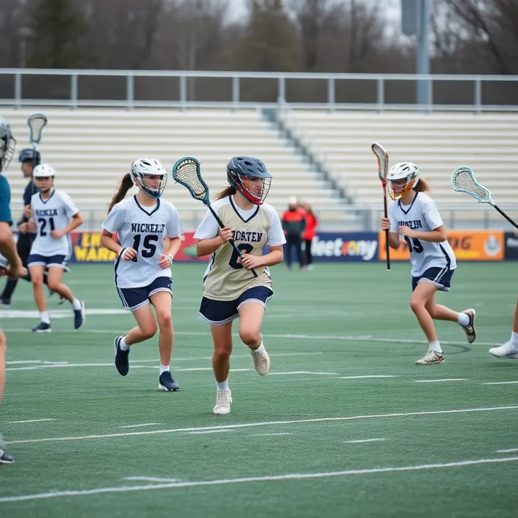 Players competing in a high school lacrosse match