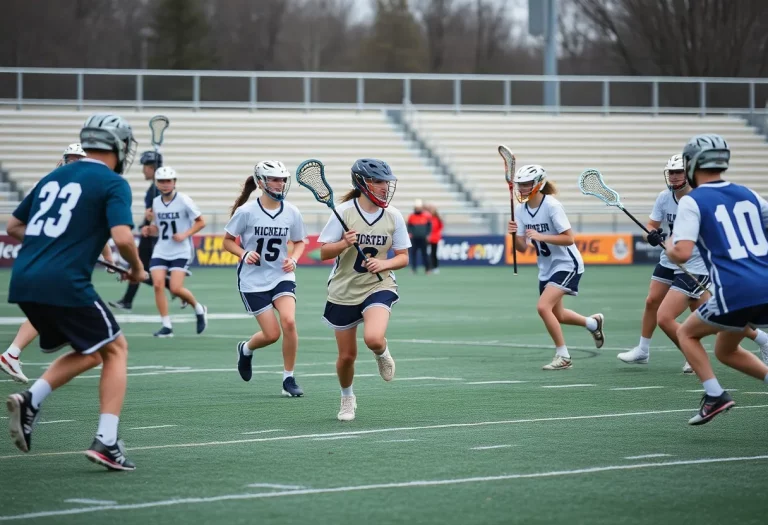 Players competing in a high school lacrosse match