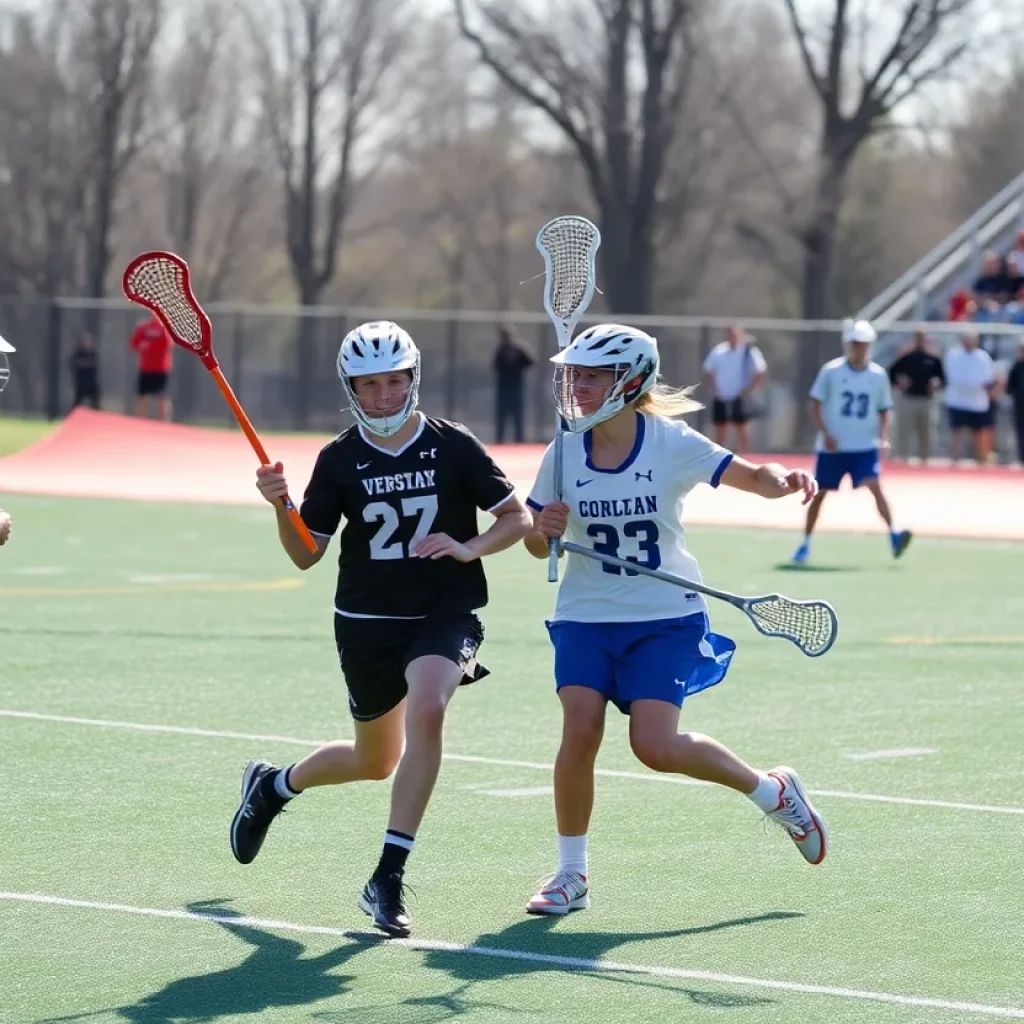 Players demonstrating teamwork during a high school lacrosse match